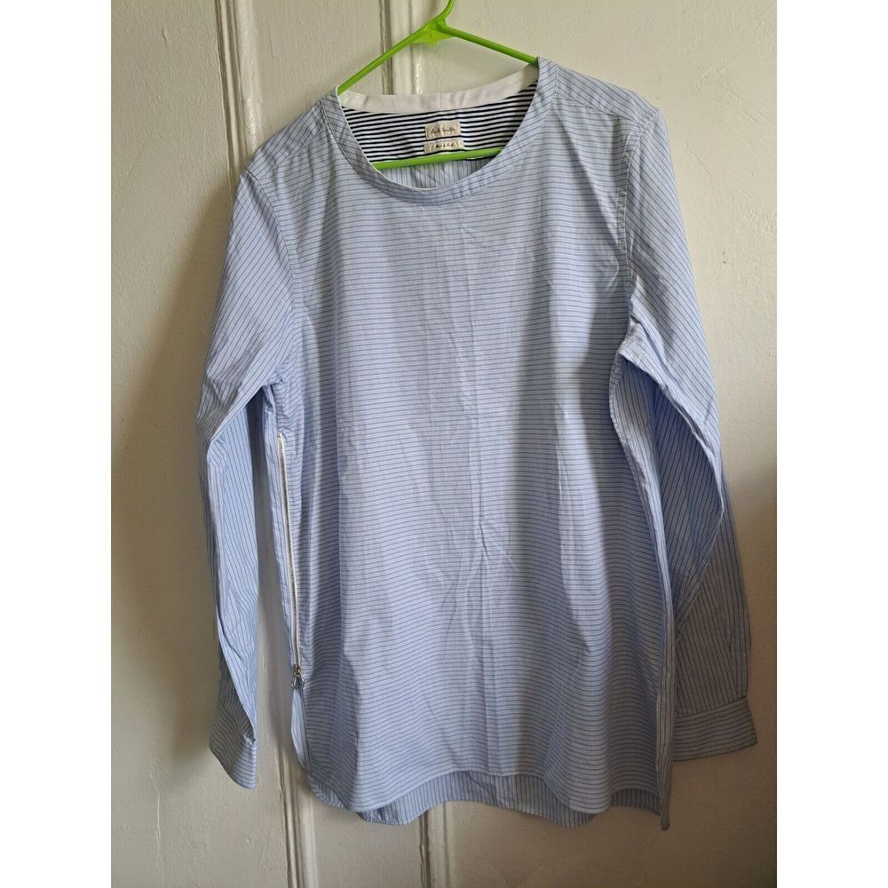 Paul Smith Womens Large ITALIAN COTTON Long Blue White Stripe Shirt Side Zipper